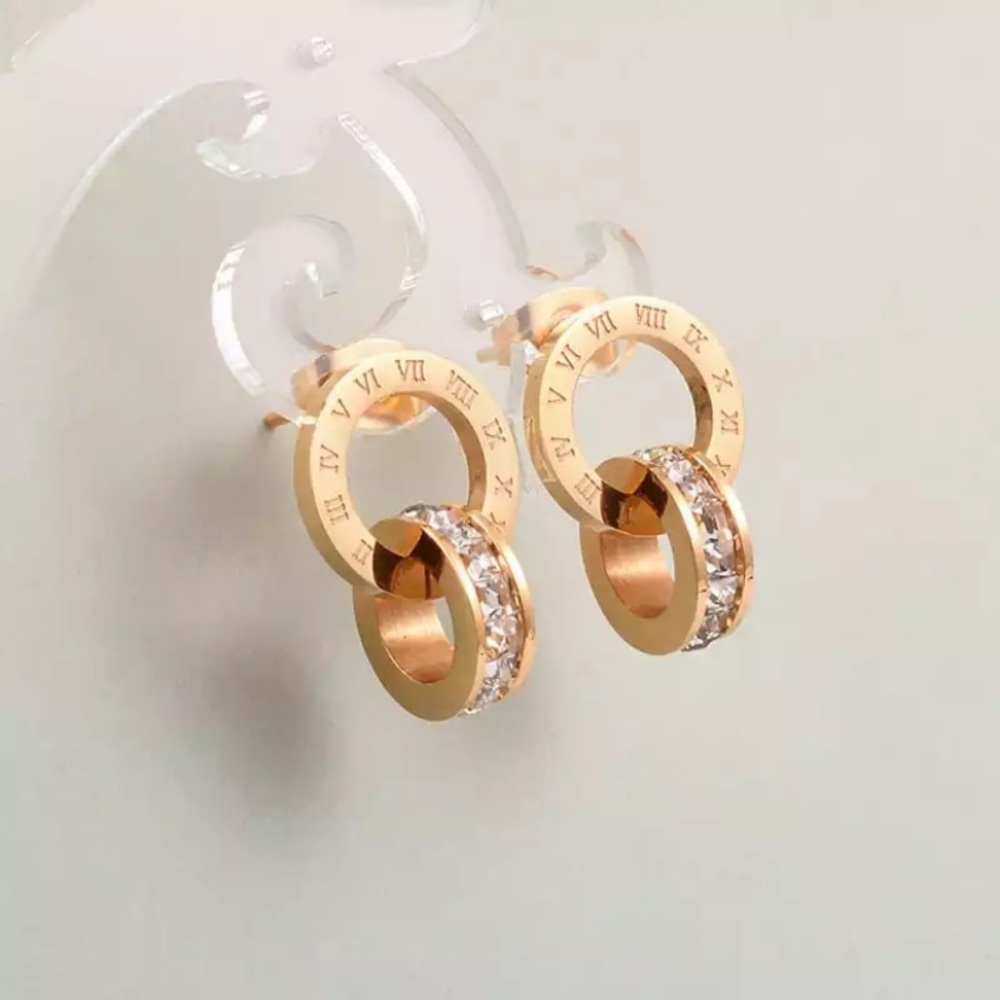 NWT 18k gold plated High Quality Double Wound Roman Numerals Stud Earrings
